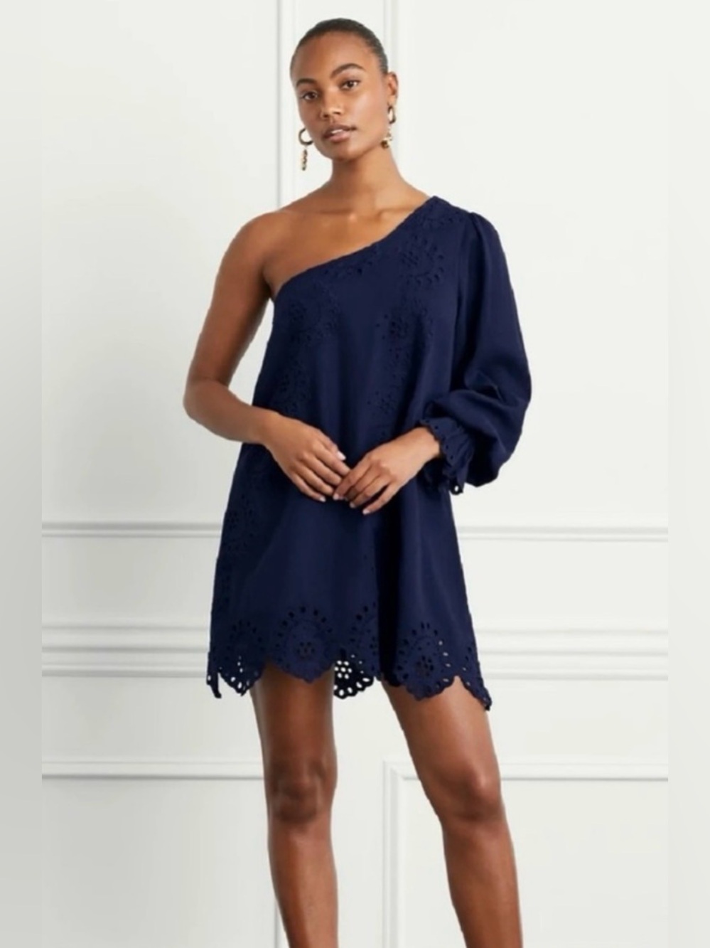 NWT Hill House The Mila navy Linen Eyelet One Shoulder Women’s Dress